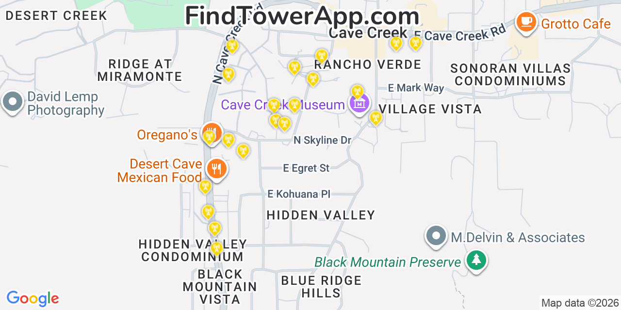 Map showing the 20 primary cell tower locations detected in Cave Creek, Arizona from AT&T, Verizon, and T-Mobile networks