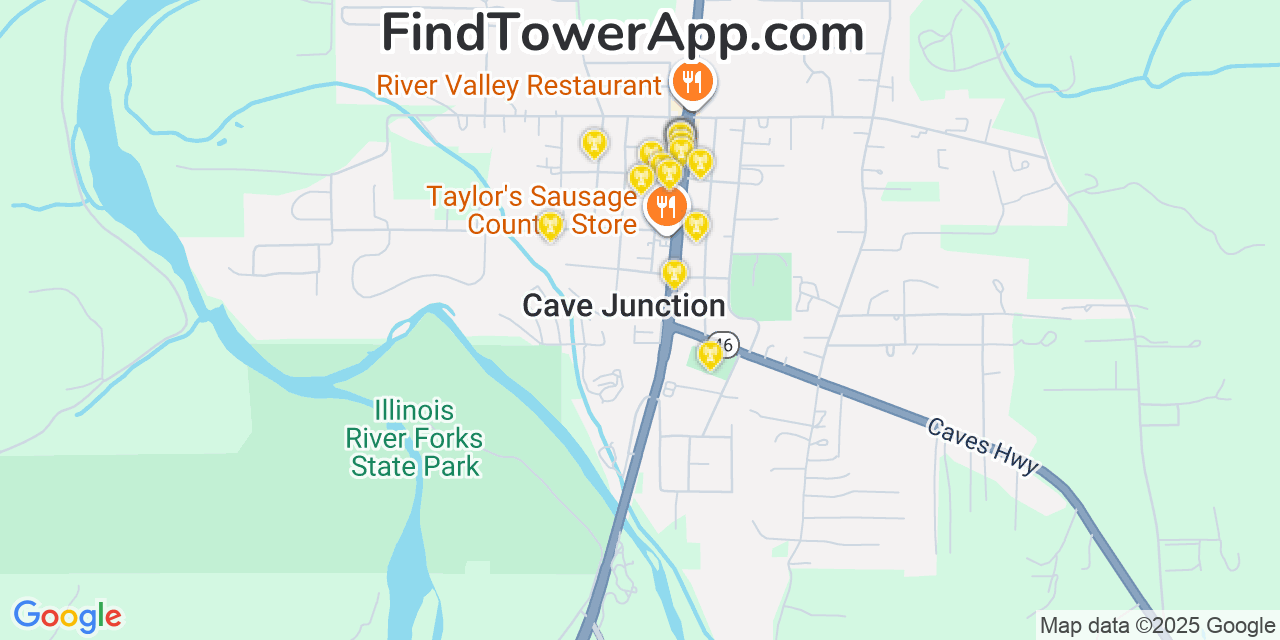 Map showing the 20 primary cell tower locations detected in Cave Junction, Oregon from AT&T, Verizon, and T-Mobile networks