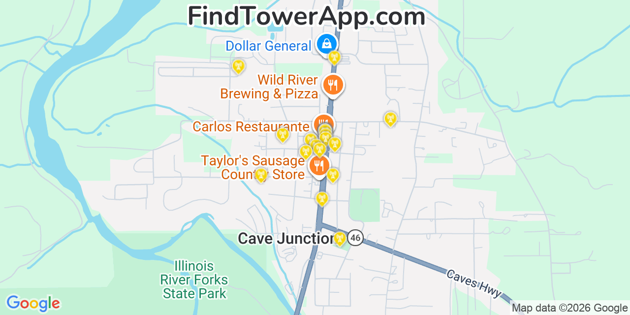 Map showing the 20 primary cell tower locations detected in Cave Junction, Oregon from AT&T, Verizon, and T-Mobile networks