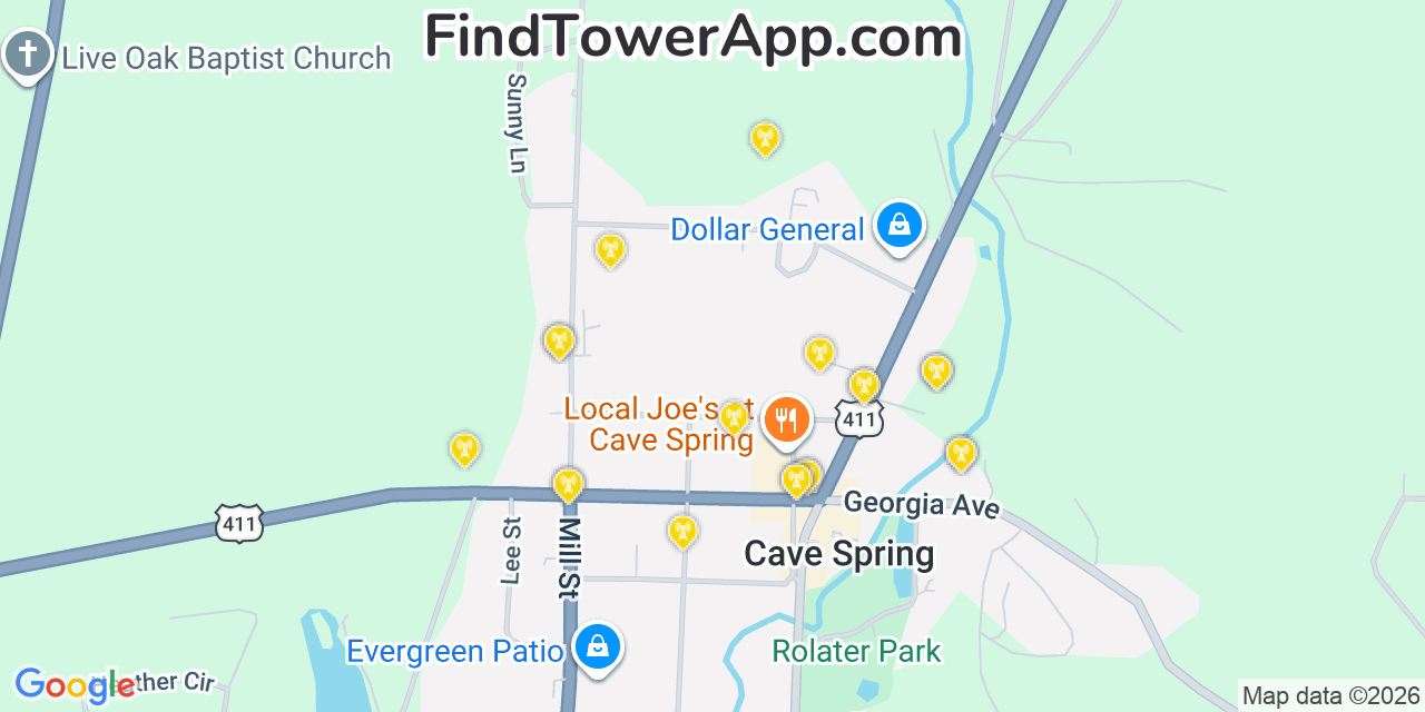 Map showing the 20 primary cell tower locations detected in Cave Spring, Georgia from AT&T, Verizon, and T-Mobile networks