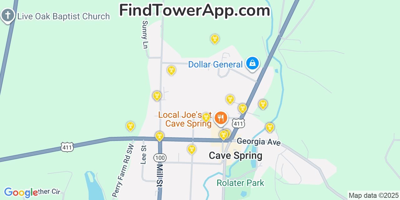 Map showing the 20 primary Mobitel cell tower locations detected in Cave Spring, Georgia with coverage radius and signal strength indicators