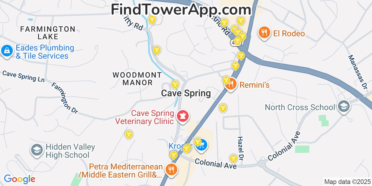 Map showing the 20 primary cell tower locations detected in Cave Spring, Virginia from AT&T, Verizon, and T-Mobile networks