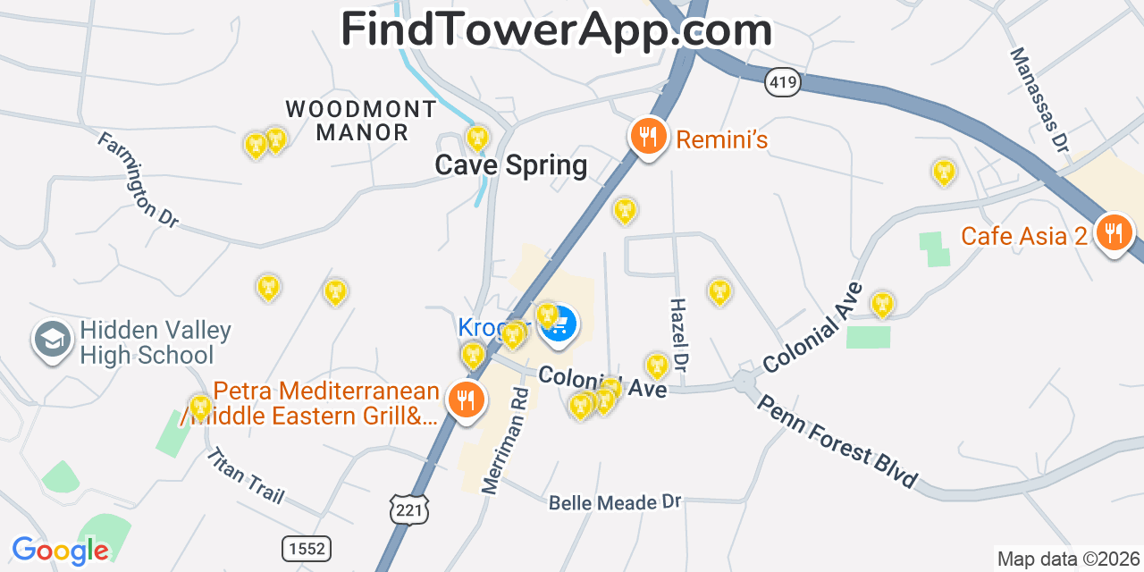 Map showing the 20 primary cell tower locations detected in Cave Spring, Virginia from AT&T, Verizon, and T-Mobile networks