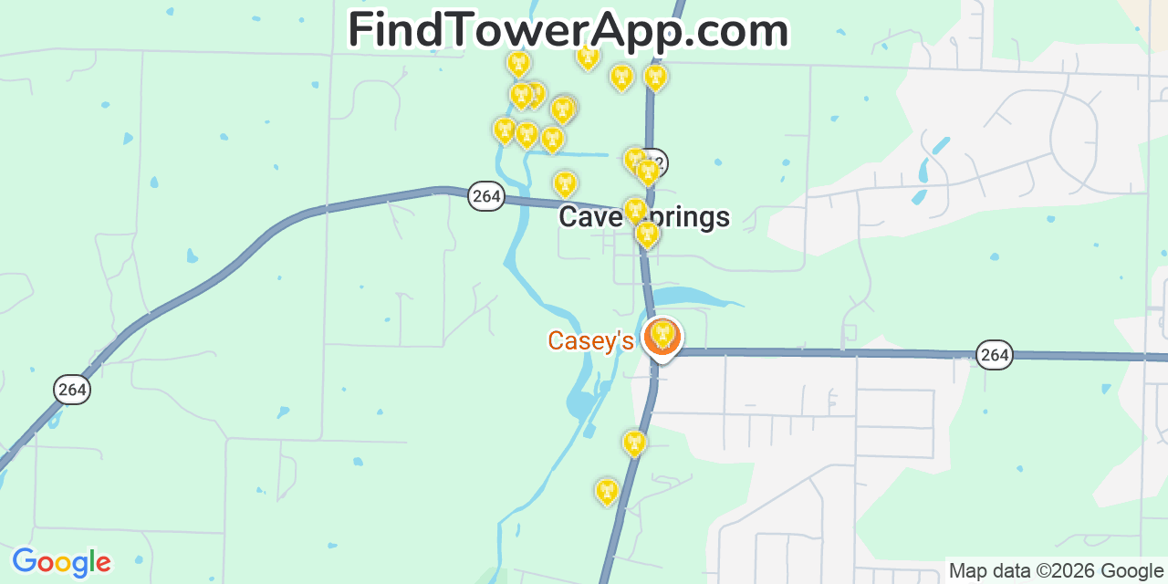 Map showing the 20 primary cell tower locations detected in Cave Springs, Arkansas from AT&T, Verizon, and T-Mobile networks