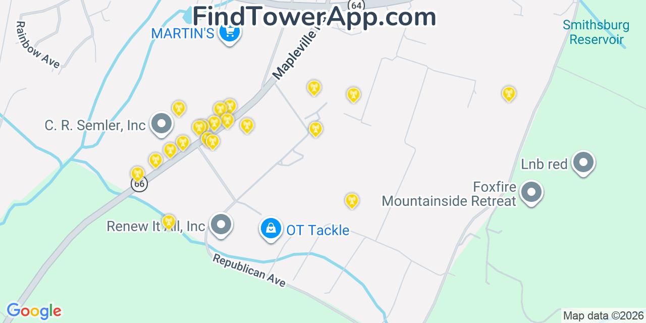 Map showing the 20 primary cell tower locations detected in Cavetown, Maryland from AT&T, Verizon, and T-Mobile networks