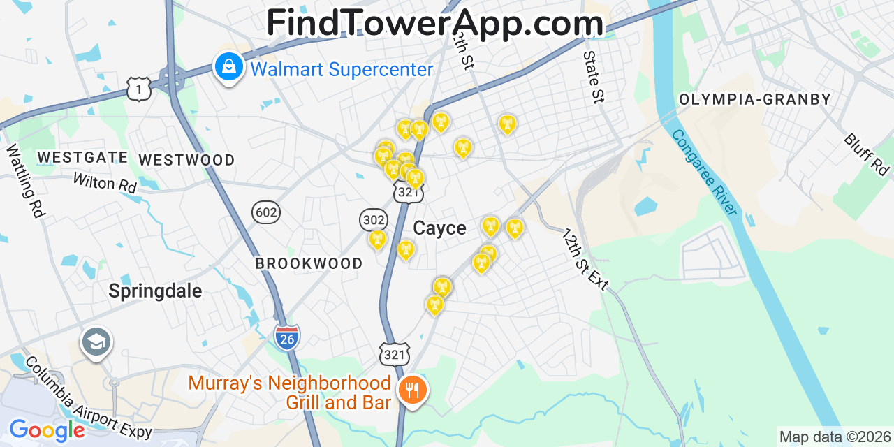 Map showing the 20 primary cell tower locations detected in Cayce, South Carolina from AT&T, Verizon, and T-Mobile networks