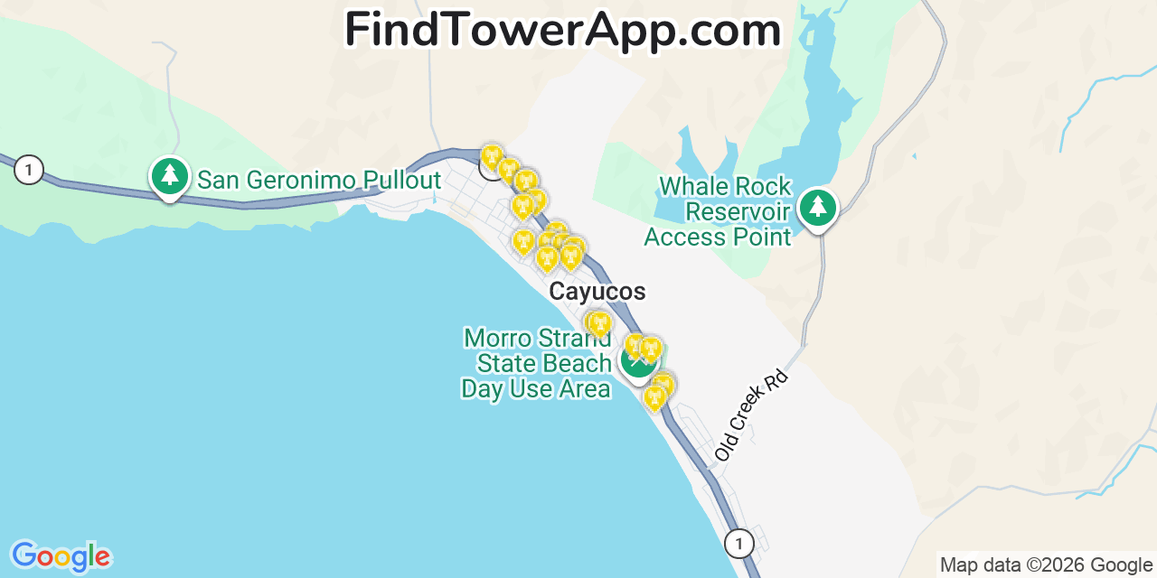 Map showing the 20 primary cell tower locations detected in Cayucos, California from AT&T, Verizon, and T-Mobile networks
