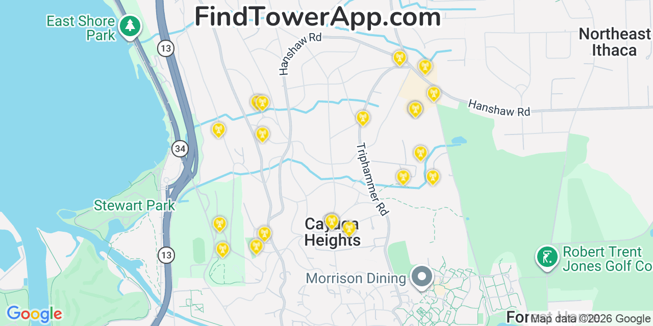 Map showing the 20 primary cell tower locations detected in Cayuga Heights, New York from AT&T, Verizon, and T-Mobile networks