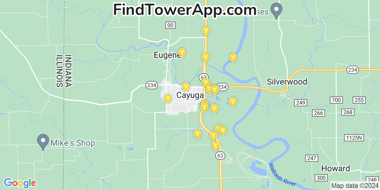 AT&T 4G/5G cell tower coverage map Cayuga, Indiana