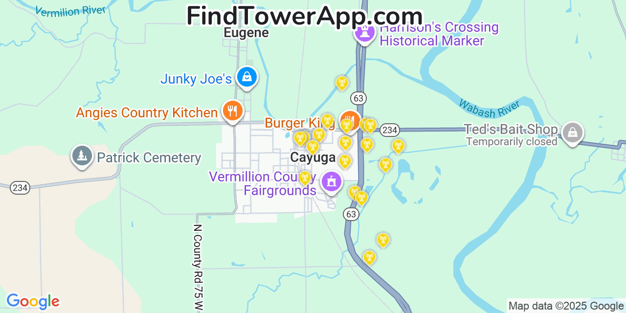 Map showing the 20 primary cell tower locations detected in Cayuga, Indiana from AT&T, Verizon, and T-Mobile networks