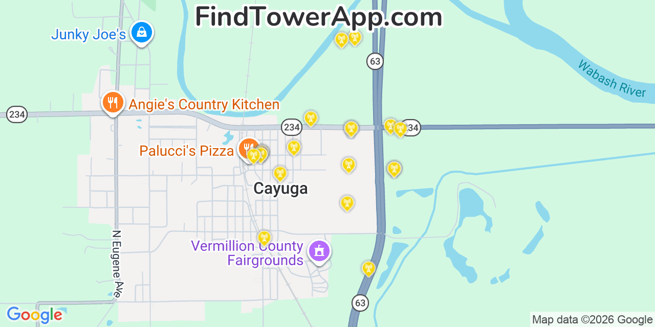 Map showing the 20 primary cell tower locations detected in Cayuga, Indiana from AT&T, Verizon, and T-Mobile networks
