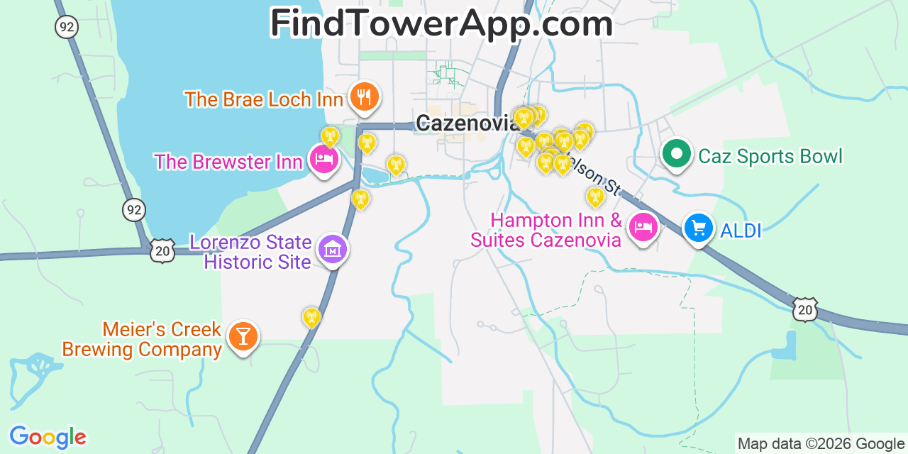 Map showing the 20 primary cell tower locations detected in Cazenovia, New York from AT&T, Verizon, and T-Mobile networks
