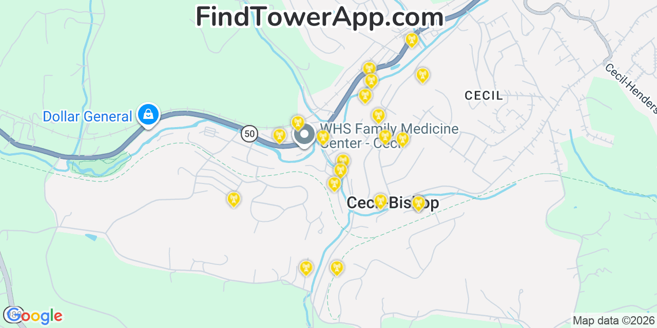 Map showing the 20 primary cell tower locations detected in Cecil Bishop, Pennsylvania from AT&T, Verizon, and T-Mobile networks