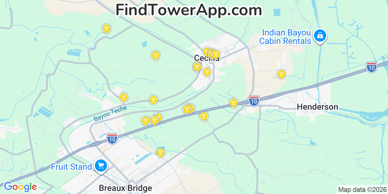 Map showing the 20 primary cell tower locations detected in Cecilia, Louisiana from AT&T, Verizon, and T-Mobile networks