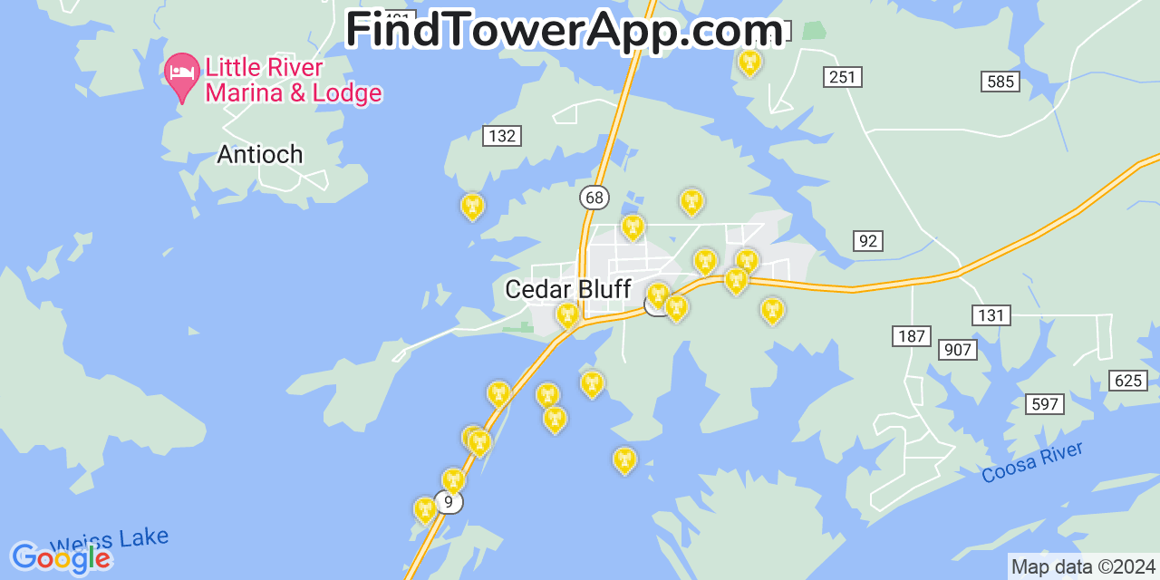 AT&T 4G/5G cell tower coverage map Cedar Bluff, Alabama