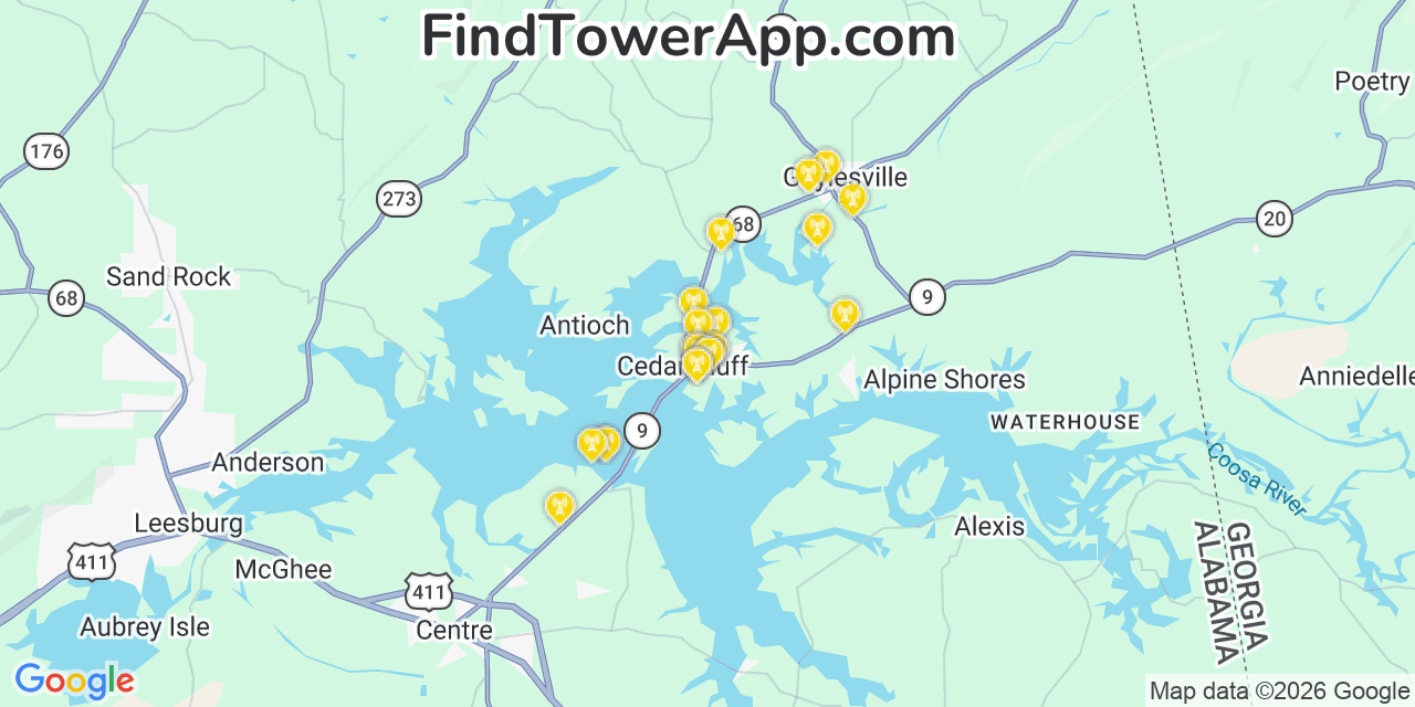 Map showing the 20 primary cell tower locations detected in Cedar Bluff, Alabama from AT&T, Verizon, and T-Mobile networks