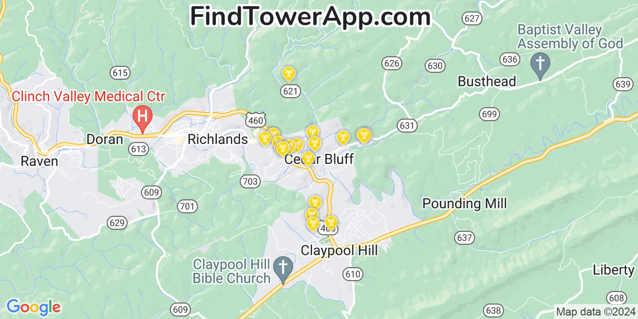 AT&T 4G/5G cell tower coverage map Cedar Bluff, Virginia