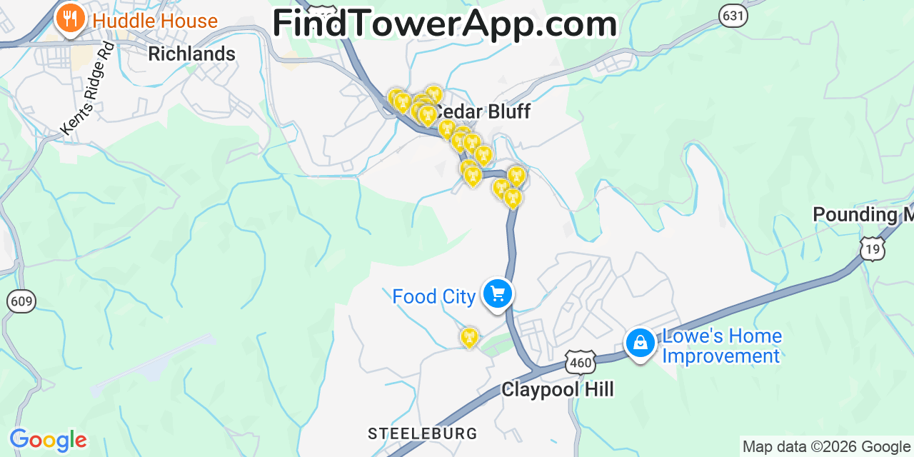 Map showing the 20 primary cell tower locations detected in Cedar Bluff, Virginia from AT&T, Verizon, and T-Mobile networks