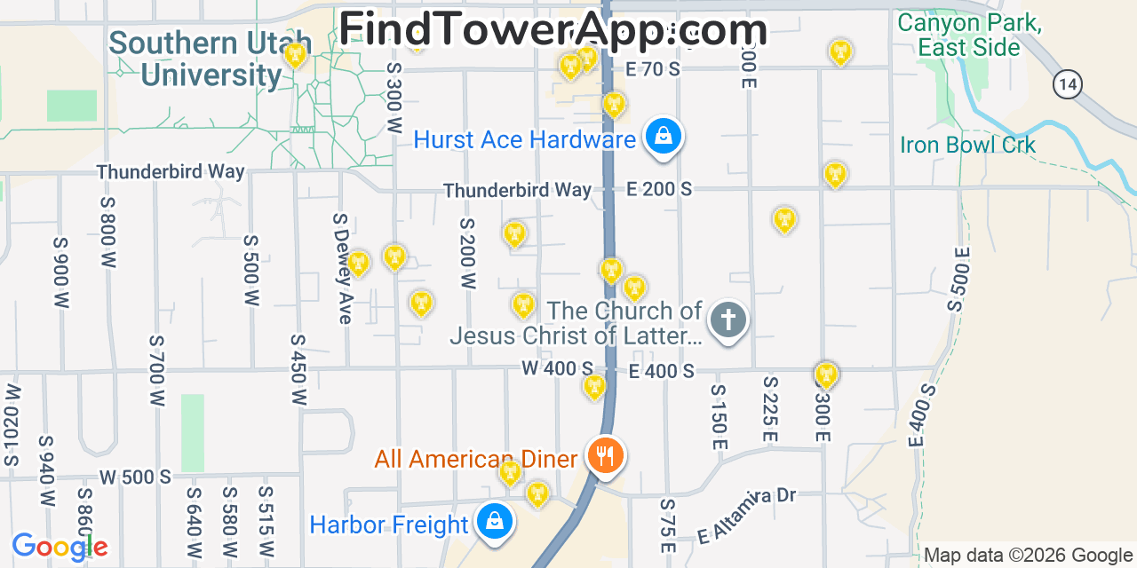 Map showing the 20 primary cell tower locations detected in Cedar City, Utah from AT&T, Verizon, and T-Mobile networks