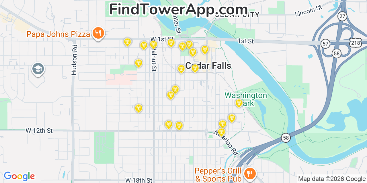 Map showing the 20 primary cell tower locations detected in Cedar Falls, Iowa from AT&T, Verizon, and T-Mobile networks