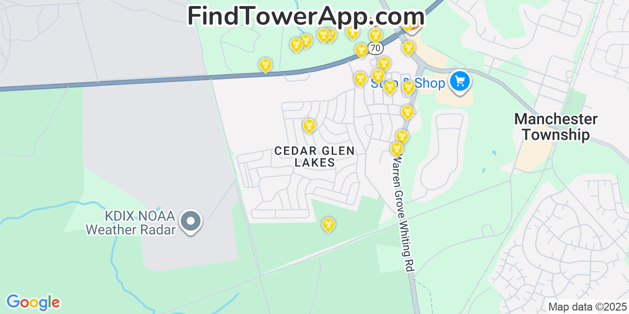 Map showing the 20 primary cell tower locations detected in Cedar Glen Lakes, New Jersey from AT&T, Verizon, and T-Mobile networks