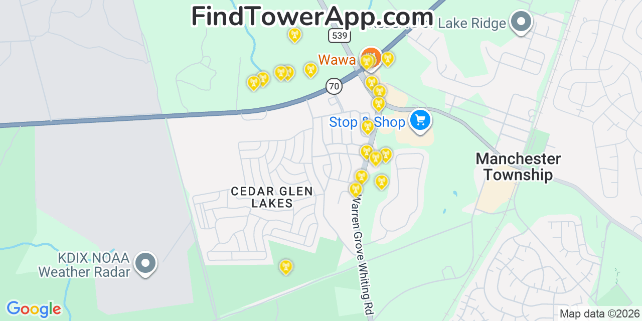 Map showing the 20 primary cell tower locations detected in Cedar Glen Lakes, New Jersey from AT&T, Verizon, and T-Mobile networks