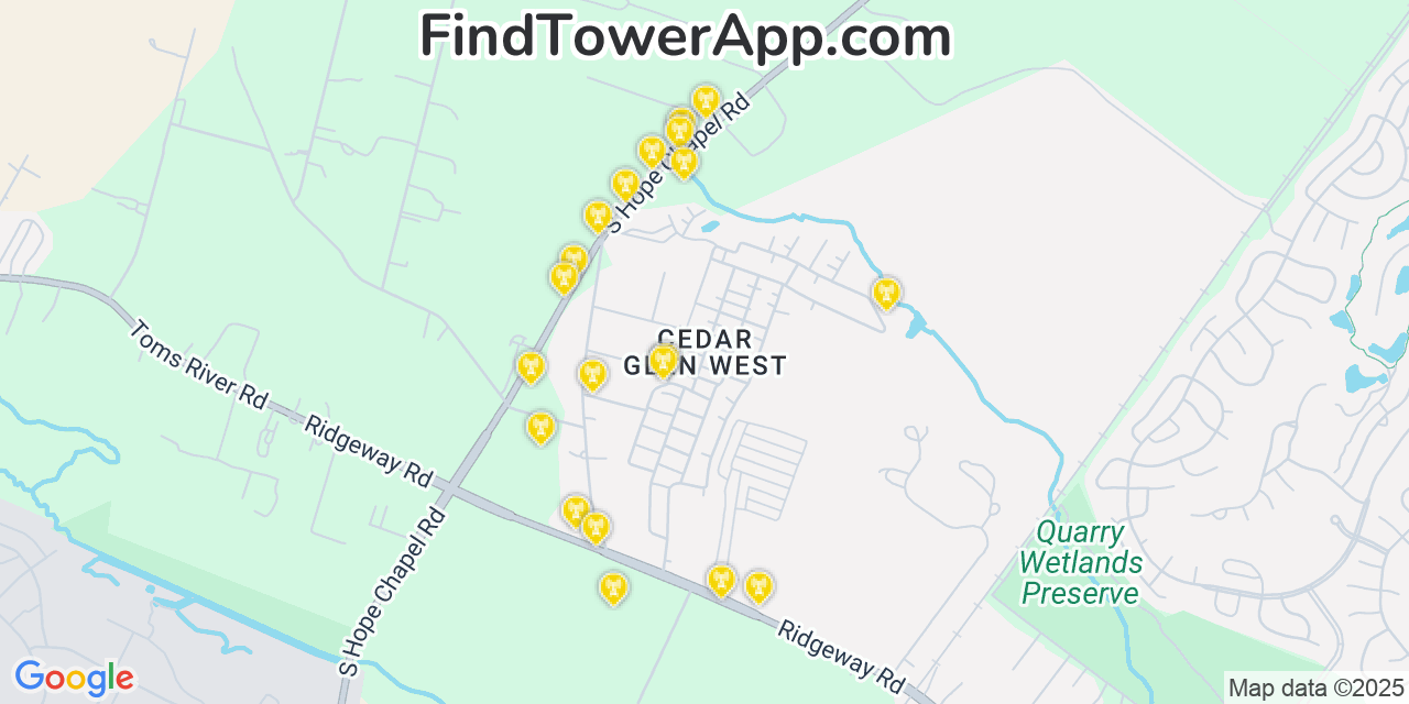 Map showing the 20 primary cell tower locations detected in Cedar Glen West, New Jersey from AT&T, Verizon, and T-Mobile networks