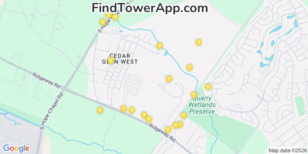 Map showing the 20 primary cell tower locations detected in Cedar Glen West, New Jersey from AT&T, Verizon, and T-Mobile networks