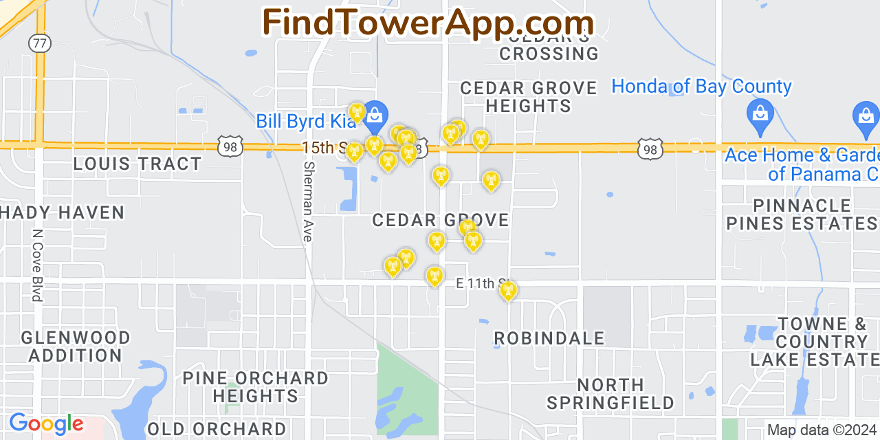 AT&T 4G/5G cell tower coverage map Cedar Grove, Florida