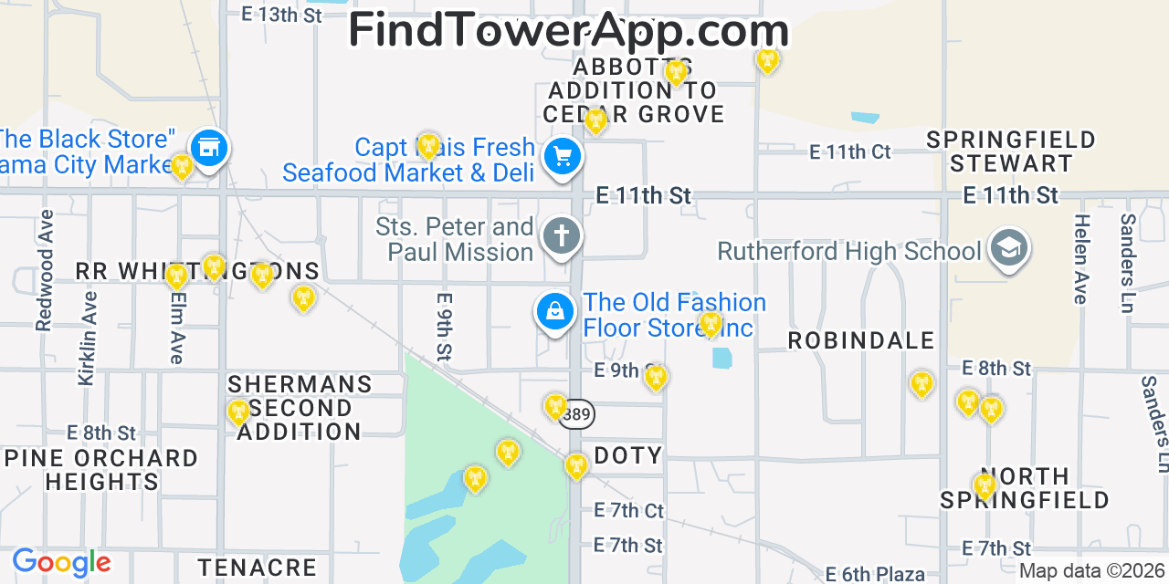 Map showing the 20 primary cell tower locations detected in Cedar Grove, Florida from AT&T, Verizon, and T-Mobile networks