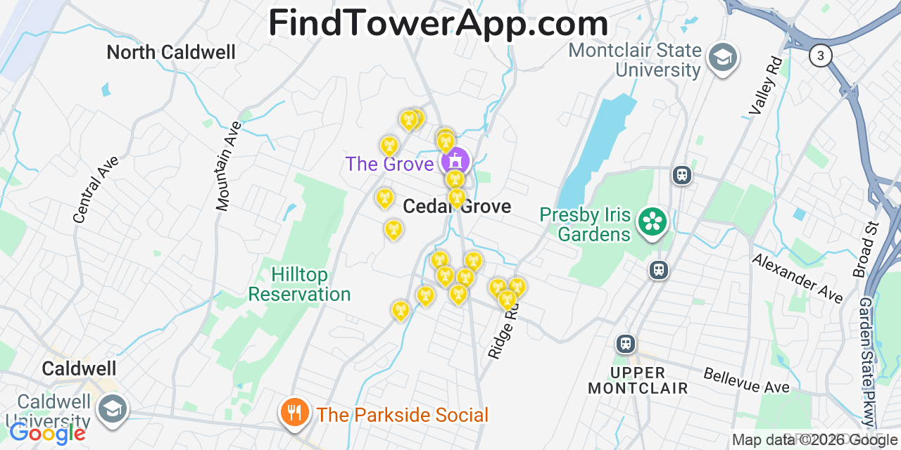 Map showing the 20 primary cell tower locations detected in Cedar Grove, New Jersey from AT&T, Verizon, and T-Mobile networks