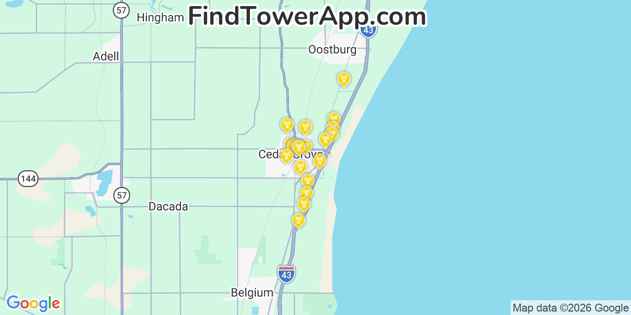 Map showing the 20 primary cell tower locations detected in Cedar Grove, Wisconsin from AT&T, Verizon, and T-Mobile networks