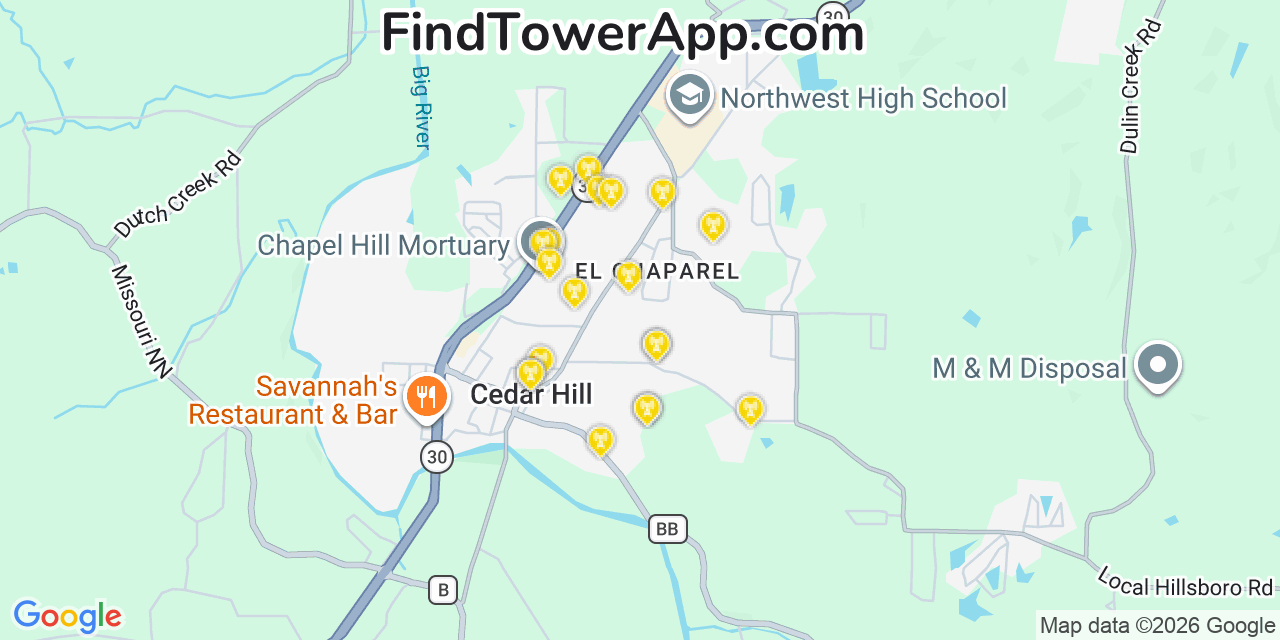 Map showing the 20 primary cell tower locations detected in Cedar Hill, Missouri from AT&T, Verizon, and T-Mobile networks