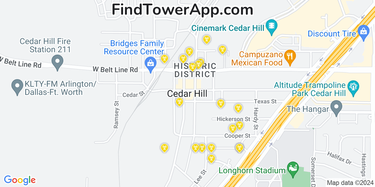 AT&T 4G/5G cell tower coverage map Cedar Hill, Texas