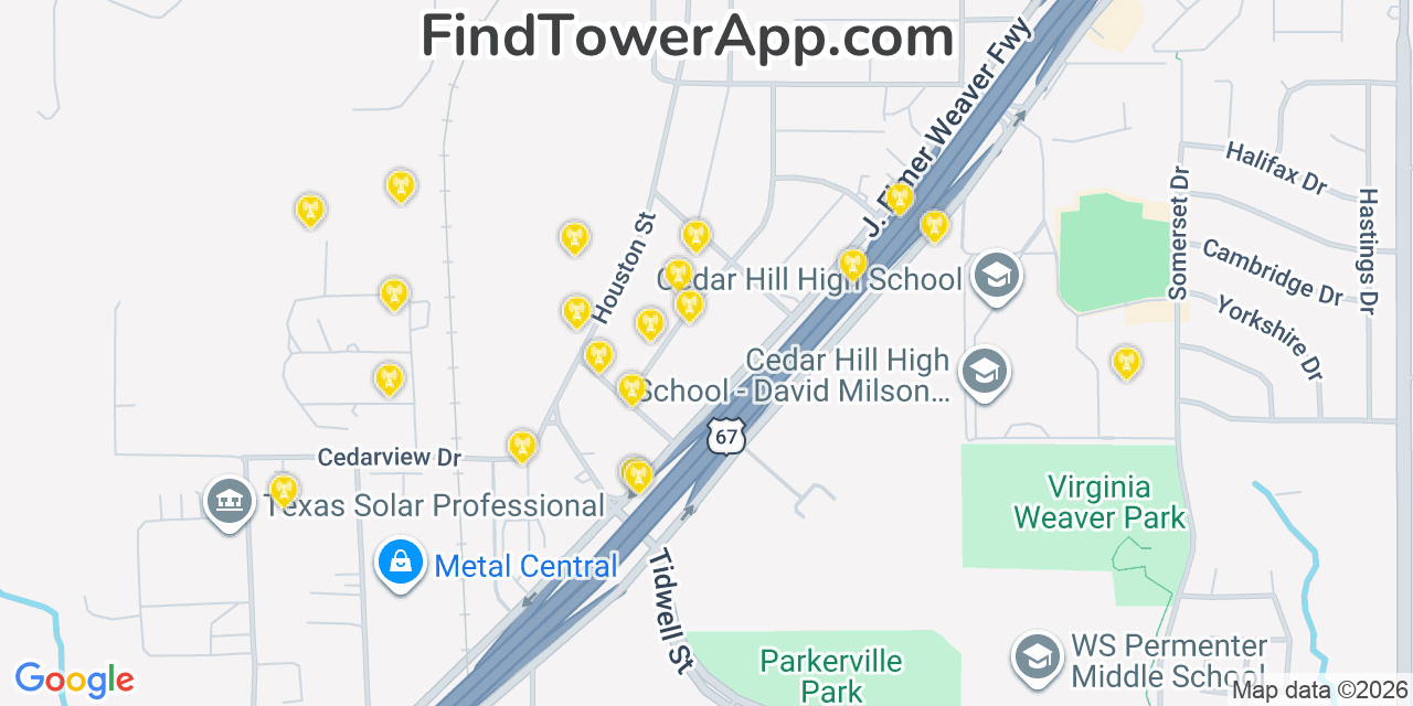 Map showing the 20 primary cell tower locations detected in Cedar Hill, Texas from AT&T, Verizon, and T-Mobile networks