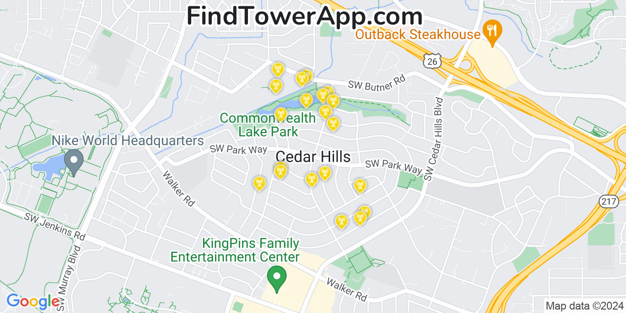 AT&T 4G/5G cell tower coverage map Cedar Hills, Oregon