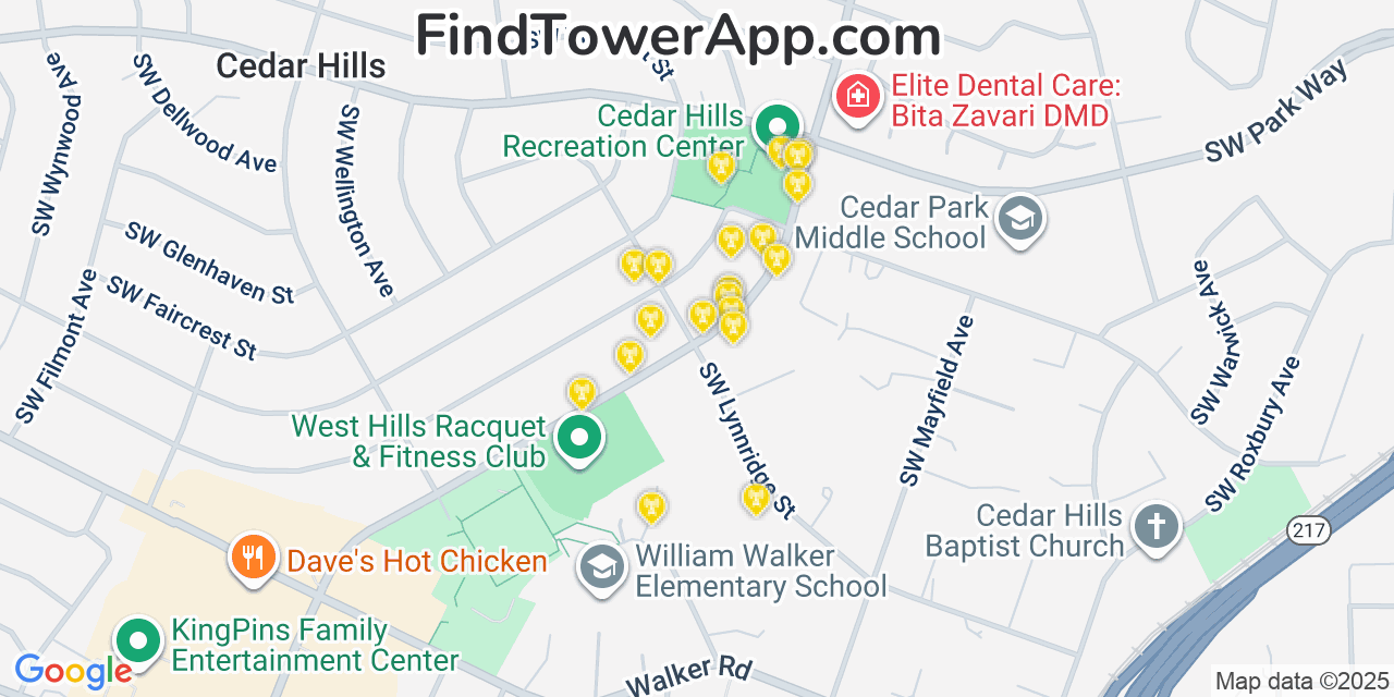Map showing the 20 primary cell tower locations detected in Cedar Hills, Oregon from AT&T, Verizon, and T-Mobile networks