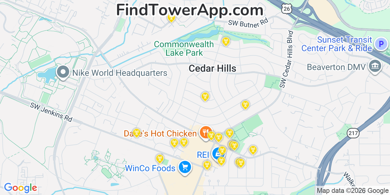 Map showing the 20 primary cell tower locations detected in Cedar Hills, Oregon from AT&T, Verizon, and T-Mobile networks