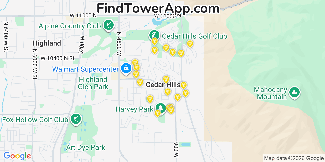 Map showing the 20 primary cell tower locations detected in Cedar Hills, Utah from AT&T, Verizon, and T-Mobile networks