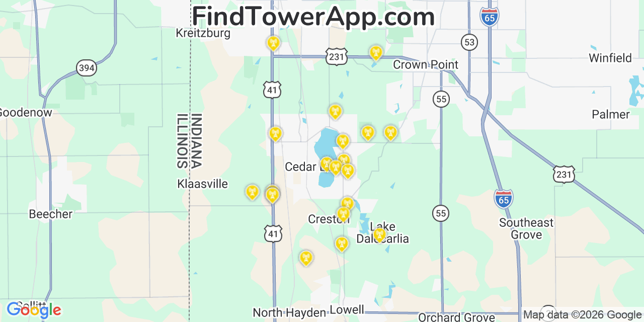 Map showing the 20 primary cell tower locations detected in Cedar Lake, Indiana from AT&T, Verizon, and T-Mobile networks