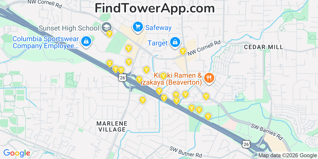 Map showing the 20 primary cell tower locations detected in Cedar Mill, Oregon from AT&T, Verizon, and T-Mobile networks