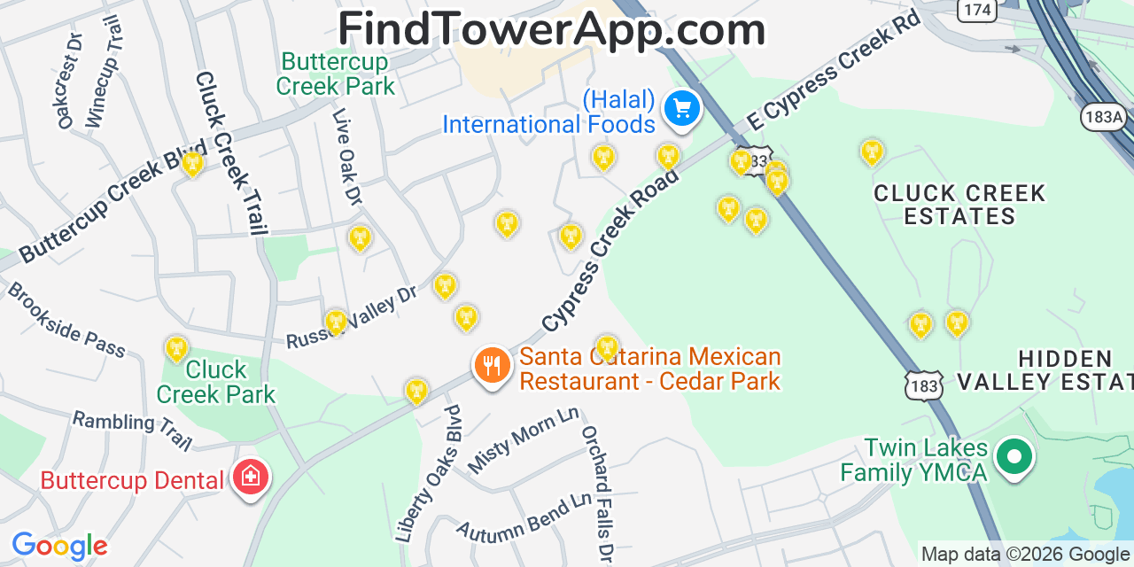Map showing the 20 primary cell tower locations detected in Cedar Park, Texas from AT&T, Verizon, and T-Mobile networks