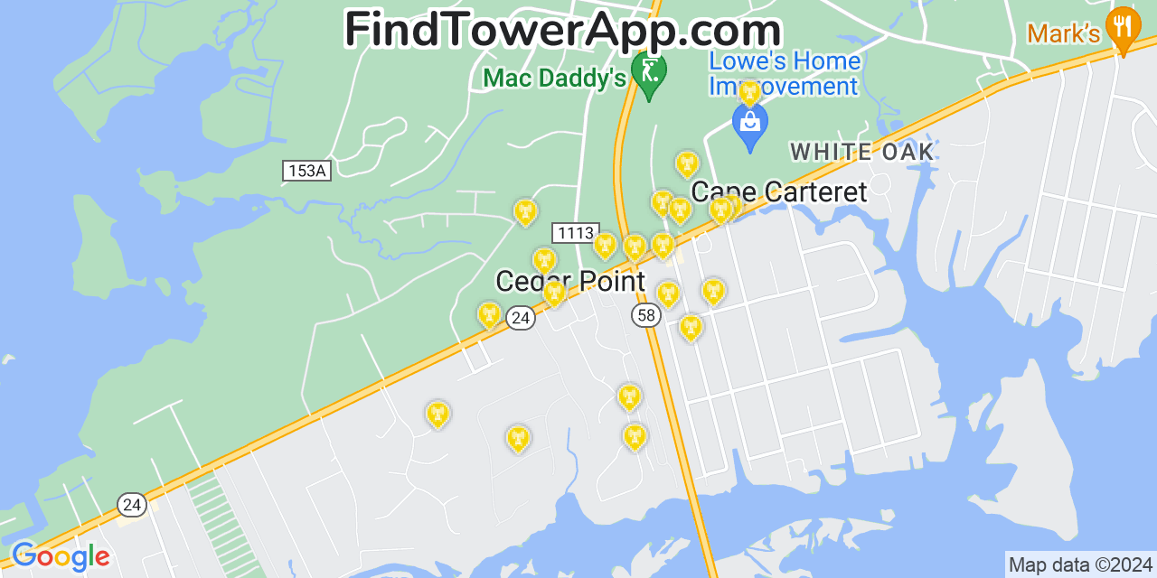 AT&T 4G/5G cell tower coverage map Cedar Point, North Carolina