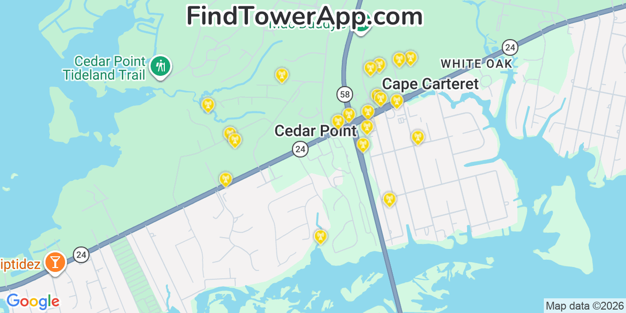 Map showing the 20 primary cell tower locations detected in Cedar Point, North Carolina from AT&T, Verizon, and T-Mobile networks