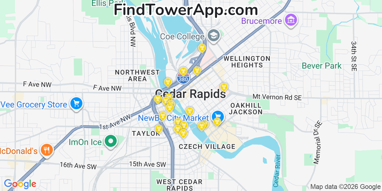 Map showing the 20 primary cell tower locations detected in Cedar Rapids, Iowa from AT&T, Verizon, and T-Mobile networks