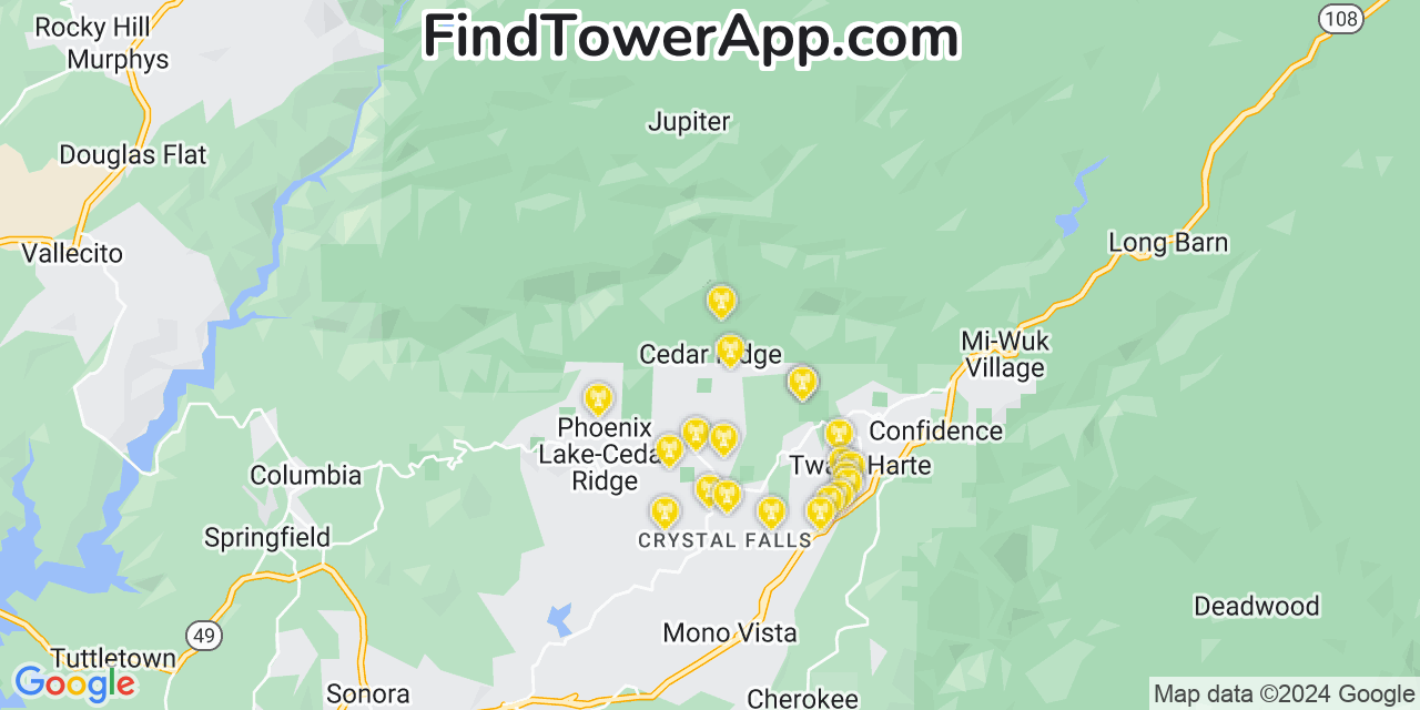 AT&T 4G/5G cell tower coverage map Cedar Ridge, California