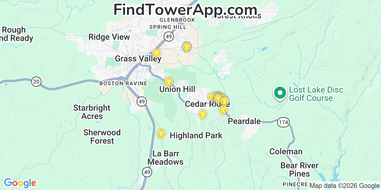 Map showing the 20 primary cell tower locations detected in Cedar Ridge, California from AT&T, Verizon, and T-Mobile networks