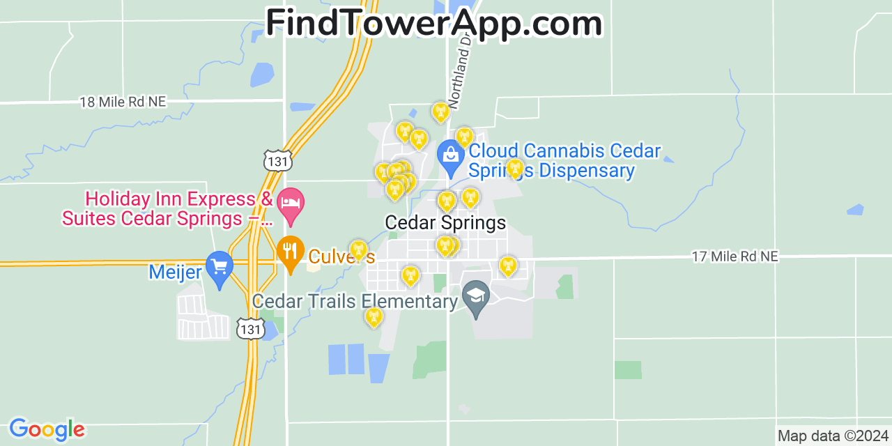 AT&T 4G/5G cell tower coverage map Cedar Springs, Michigan