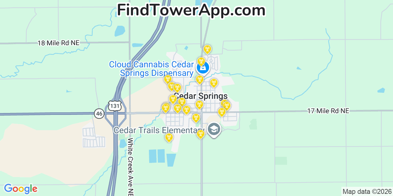 Map showing the 20 primary cell tower locations detected in Cedar Springs, Michigan from AT&T, Verizon, and T-Mobile networks