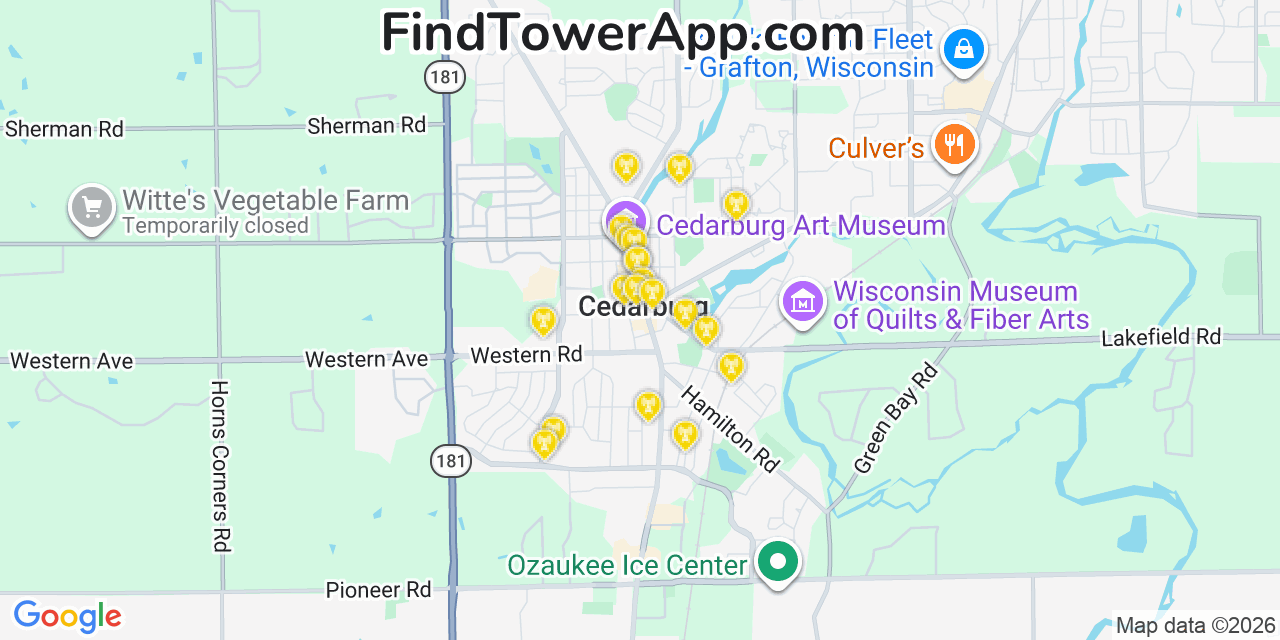 Map showing the 20 primary cell tower locations detected in Cedarburg, Wisconsin from AT&T, Verizon, and T-Mobile networks